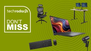 Laptop, chair, desk, webcam, and keyboard on a green background next to a TechRadar badge reading 'Big Savings'