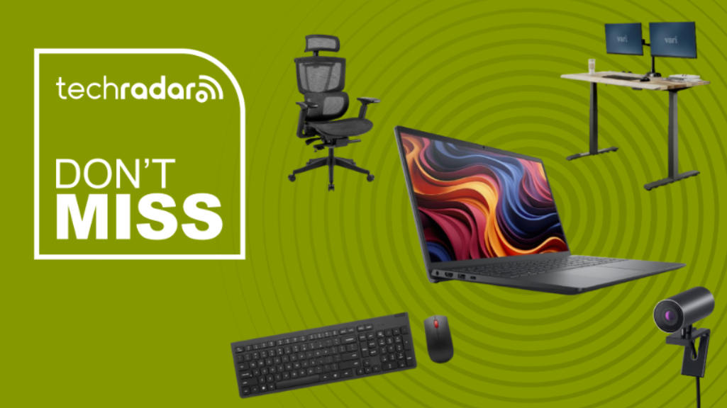 Laptop, chair, desk, webcam, and keyboard on a green background next to a TechRadar badge reading &#039;Big Savings&#039;