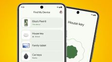 Two Android phones on a yellow background showing Google's new Find My Device network