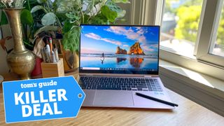 samsung galaxy book pro 360 on a desk with a black friday deal sticker on top of it