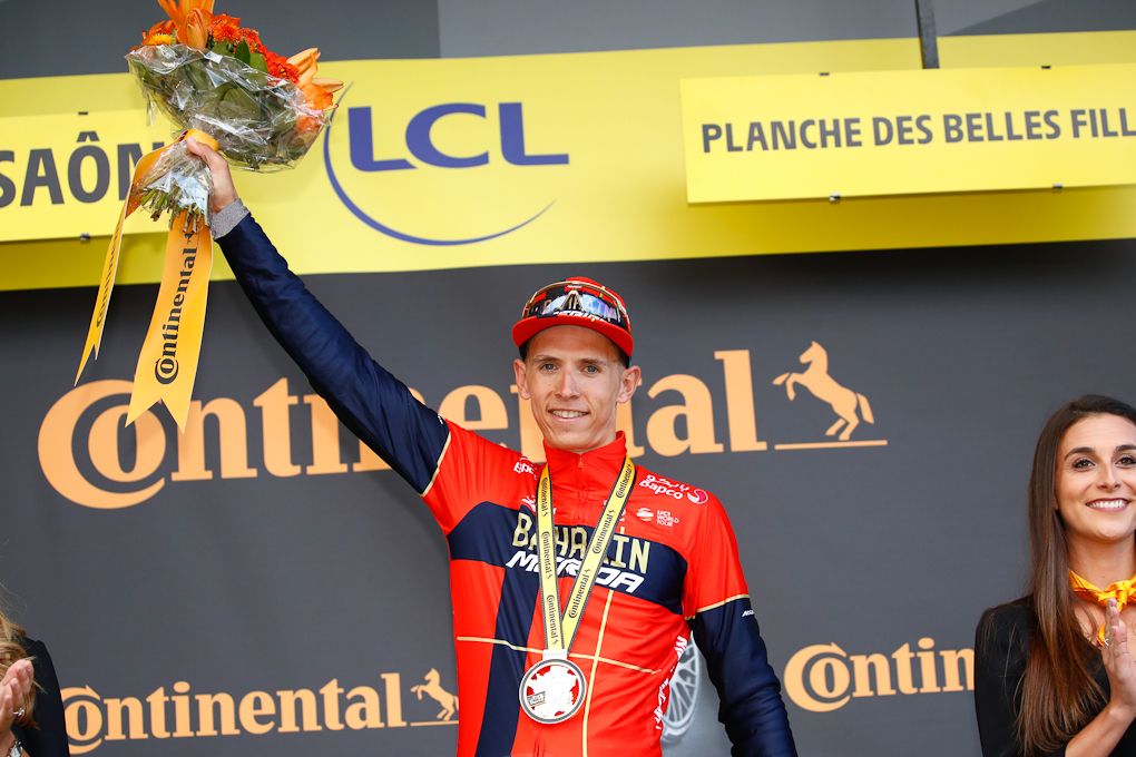 Dylan Teuns on the Tour de France podium after winning stage 6