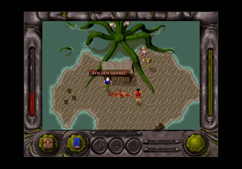 Entomorph characters contemplating giant squid on island. One of them is saying 