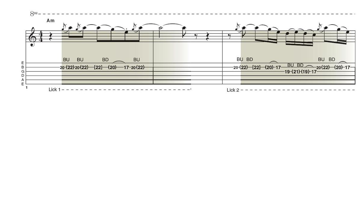 Lick 1: This simple phrase using bends on both the first and second strings needs to be executed smoothly and cleanly. Make it seem like one bend is seamlessly blending into the other. Also, as tension is different from one string to the other, take care with bending accuracy.