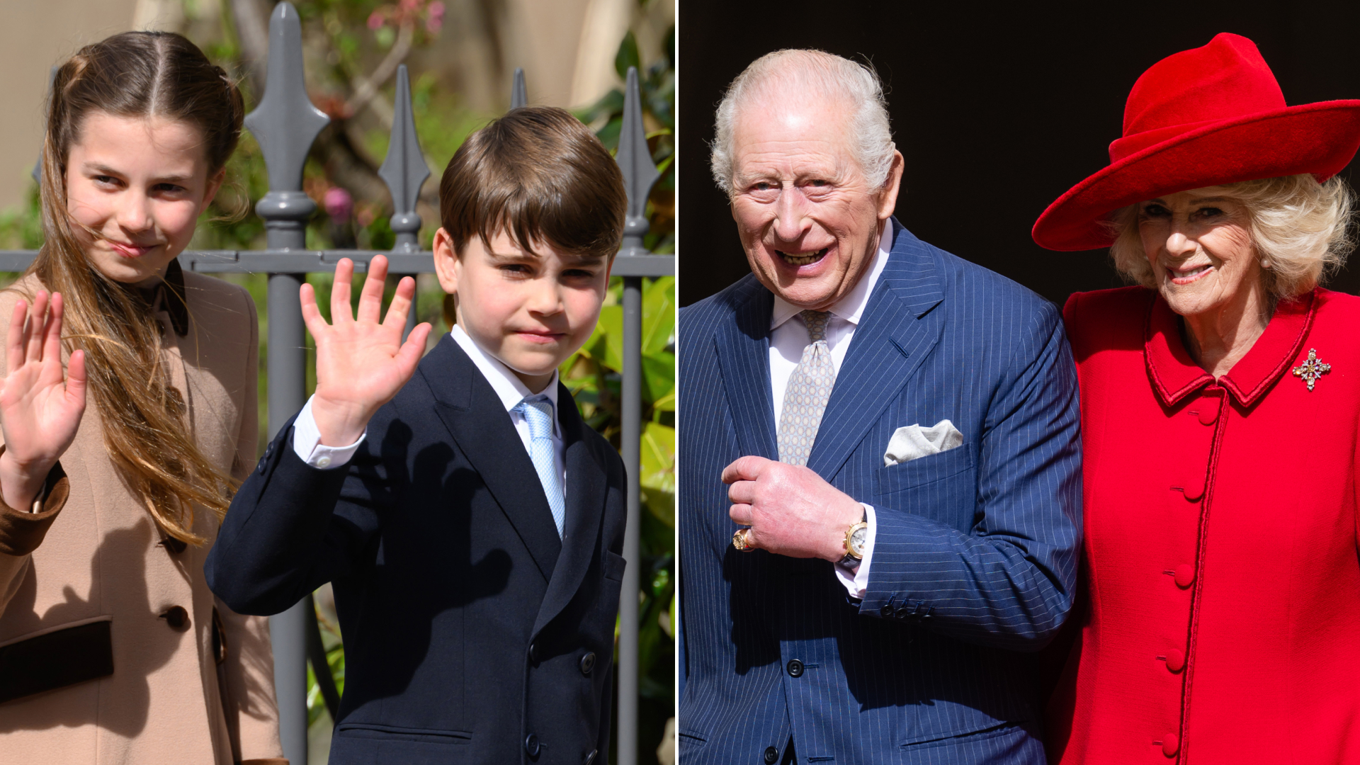 Princess Charlotte and Prince Louis wave at royal fans after the Royal Family's 2026 Easter Matins Service at St George's Chapel on April 05, 2026