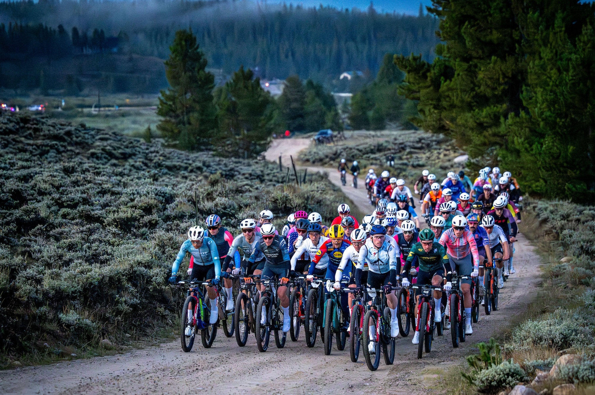 Elite men take the 2026 Leadville course at dawn in early morning hours on August 15