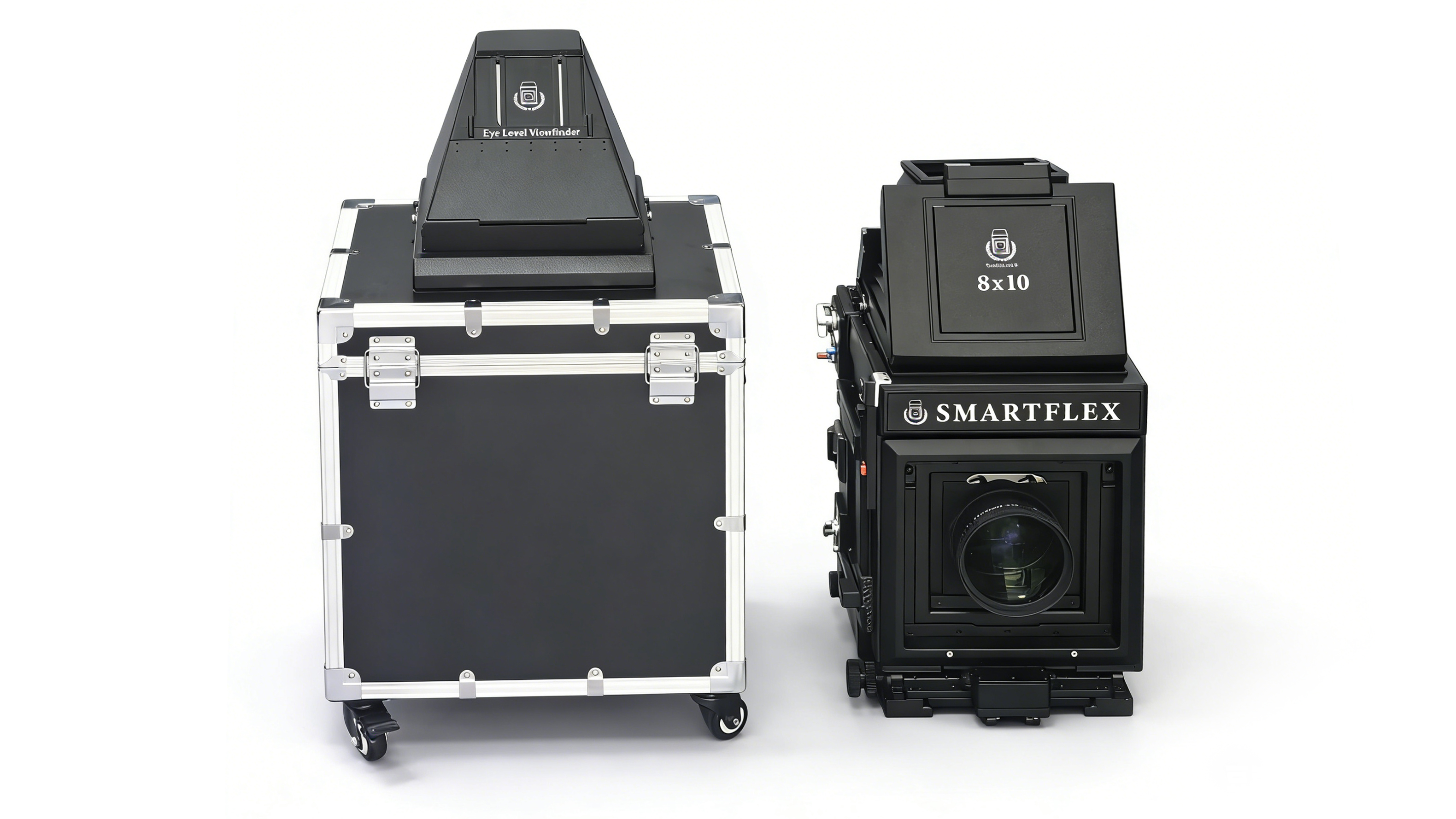 The Smartflex 8x10 SLR next to a rolling case on a white background