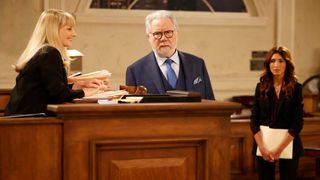 From left: Melissa Rauch as Abby Stone, John Larroquette as Dan fielding, and India de Beaufort as Olivia in NBC's 'Night Court'.