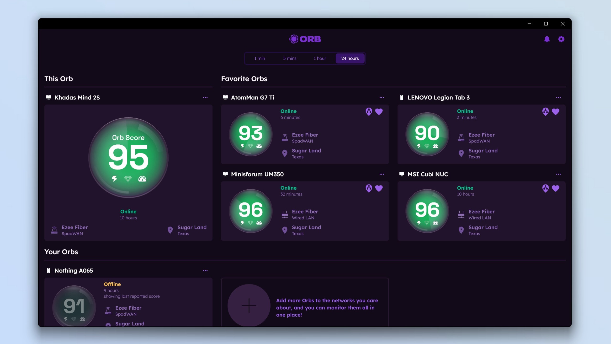 A screenshot of the Orb app running on a PC showing multiple Orbs across a home network