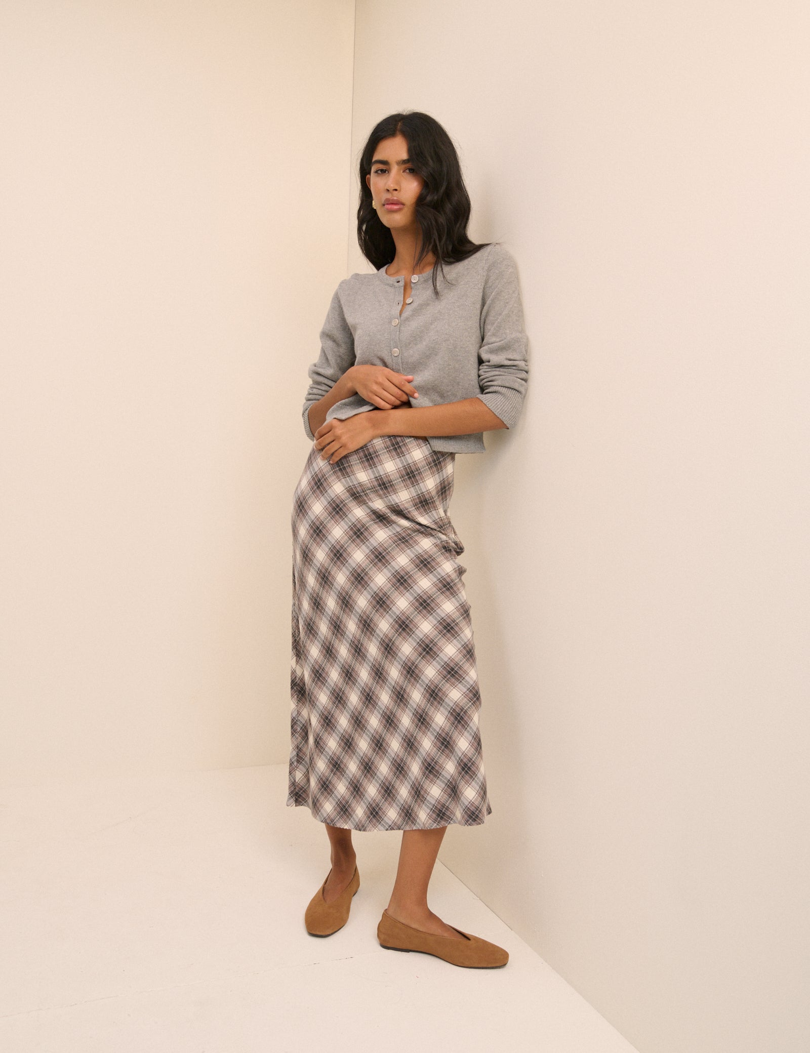 Brown Check Midi Slip Skirt