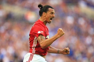 Zlatan Ibrahimovic of Manchester United celebrates after scoring his sides second goal during The FA Community Shield match between Leicester City and Manchester United at Wembley Stadium on August 7, 2016 in London, England.