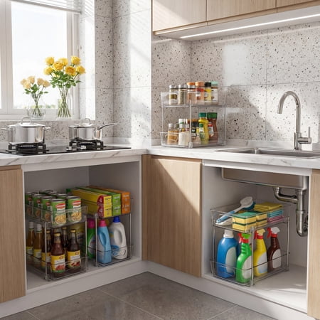 Riousery 2-Tier Clear Under Sink Organizer, 2-Pack Pull-Out Cabinet Storage, Stackable Design for Kitchen and Bathroom