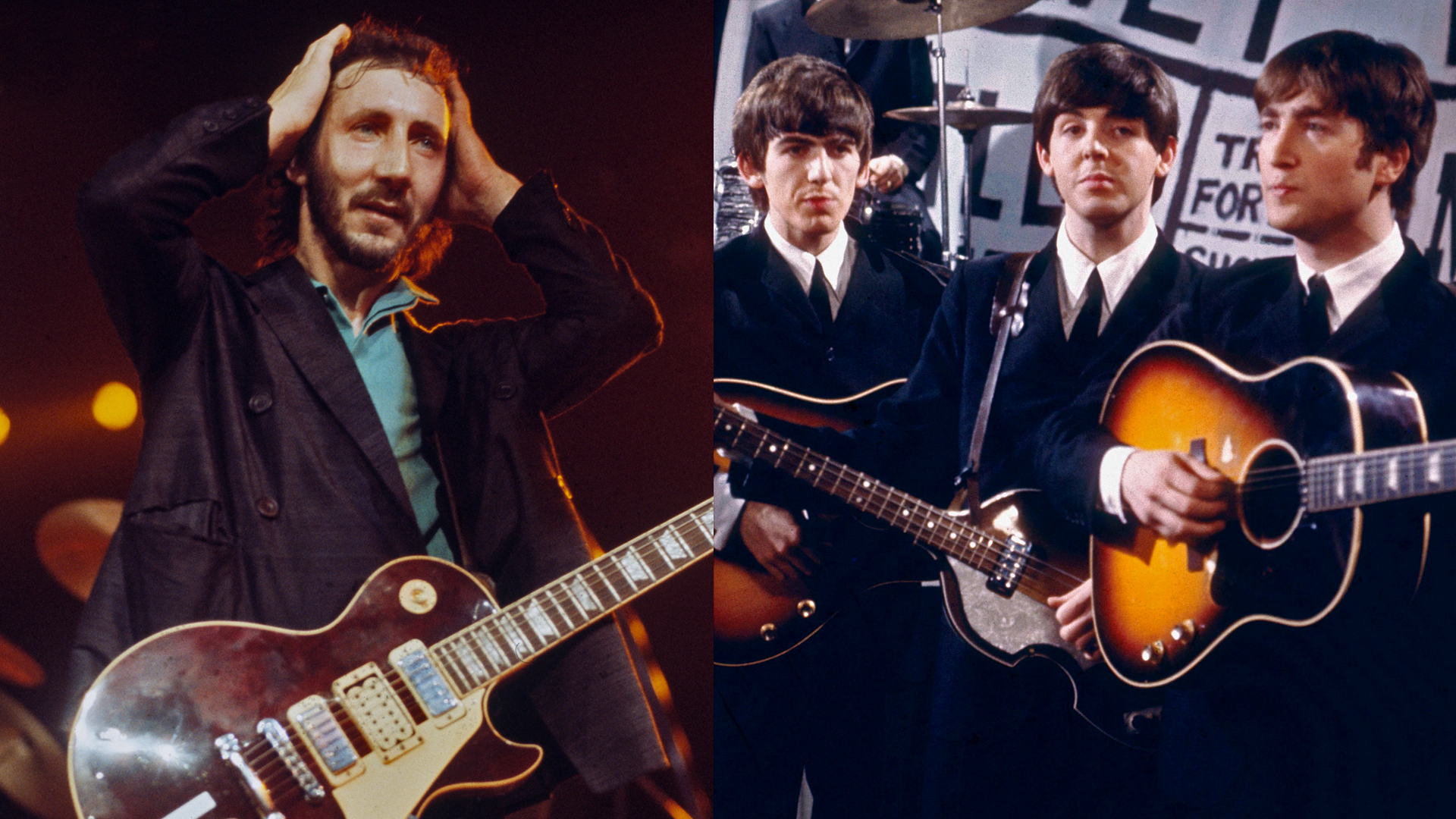 LEFT: Pete Townshend of The Who performs live on stage at the Capitol Theater, Passaic, New Jersey on 10th September 1979. Townshend plays his Wine Red Gibson Les Paul Deluxe guitar number 1. RIGHT: English rock and pop group The Beatles, from left George Harrison, Ringo Starr, Paul McCartney and John Lennon, perform &#039;I Want To Hold Your Hand&#039; and &#039;This Boy&#039; on Granada Television&#039;s Late Scene Extra programme at Granada television studios in Manchester, England on November 25th 1963. John Lennon is playing his Gibson J-160E guitar. 
