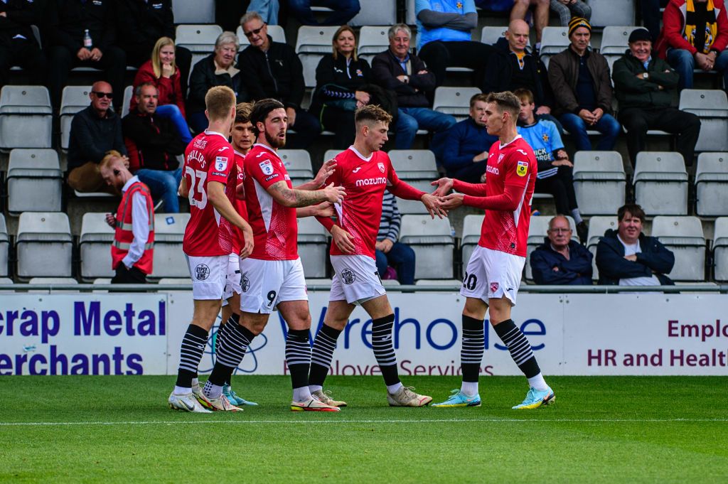 Morecambe season preview 2023/24 Jensen Weir of Morecambe FC celebrates scoring his side&#039;s first goal of the game with his team mates during the Sky Bet League 1 match between Morecambe and Cambridge United at the Globe Arena, Morecambe on Saturday 24th September 2022. (Photo by Ian Charles/MI News/NurPhoto via Getty Images)