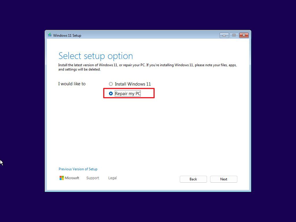 Windows 11 Setup repair my PC option