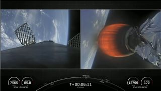 The first stage of SpaceX's Falcon 9 rocket (left) executes an entry burn ahead of landing as its second stage continues to orbit with 60 Starlink satellites during a successful launch on May 4, 2021.