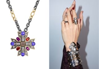 'La Dame du Lac' Maltese cross pendant and Shield cuffs and rings, by Elie Top