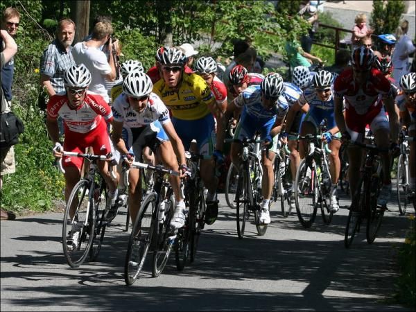 Mountains classification leader Sergey Firsanov climbs during the final stage.
