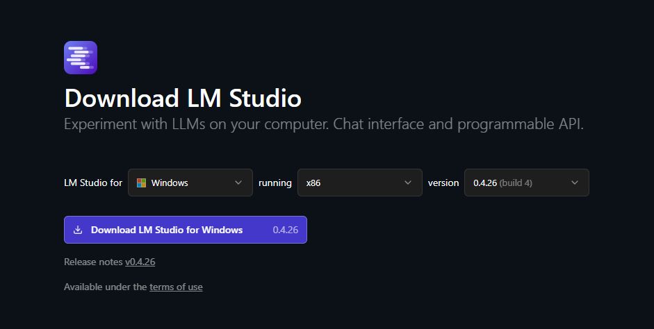 LM Studio download section with OS and version information displayed.
