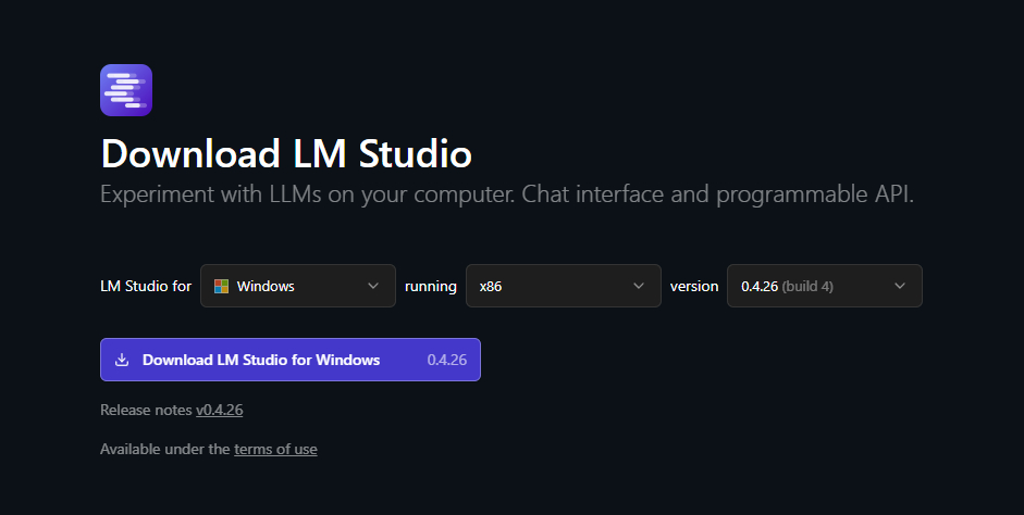 LM Studio download section with OS and version information displayed.
