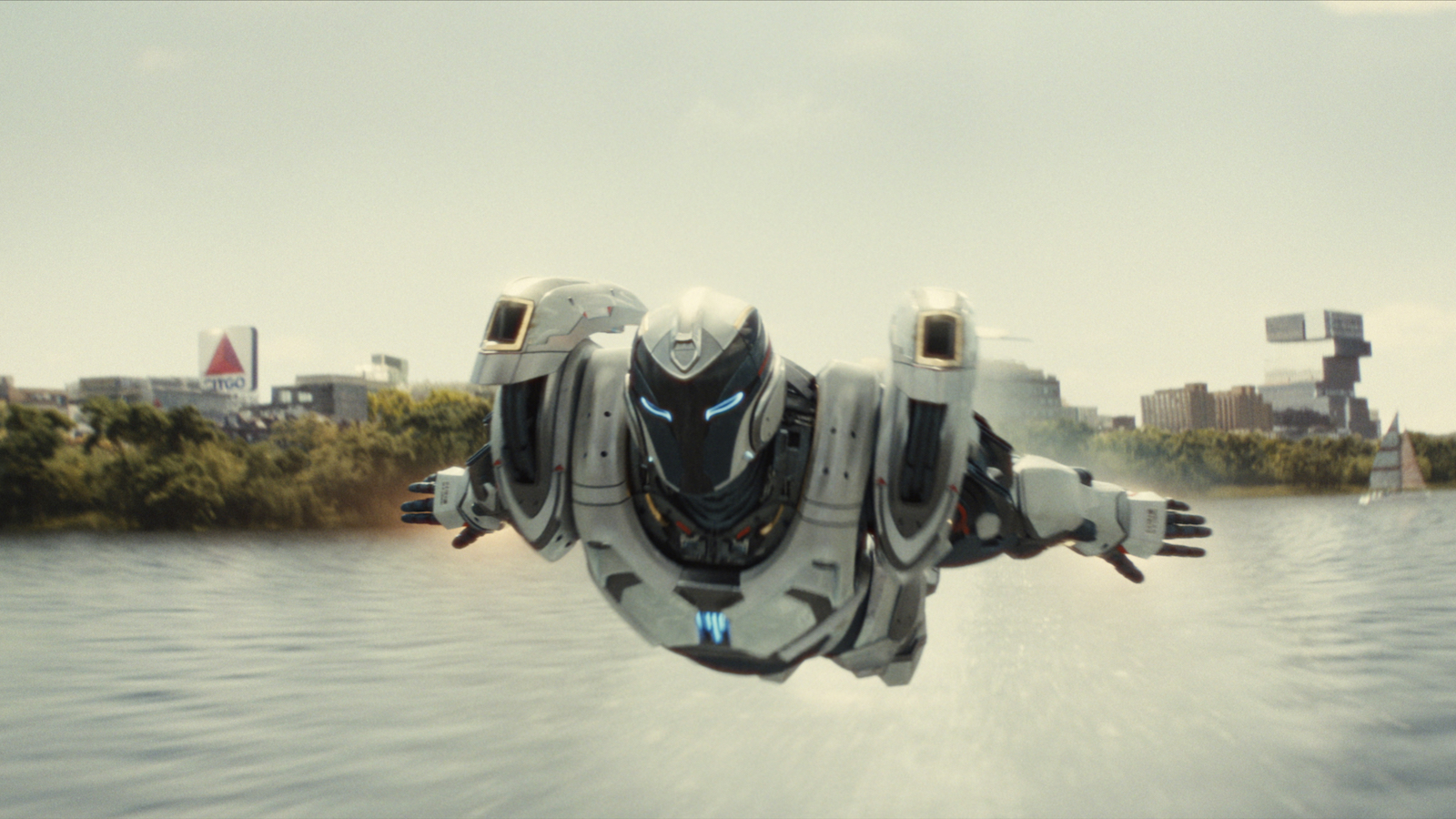 A still from TV show Ironheart that shows the titular character flying towards the camera