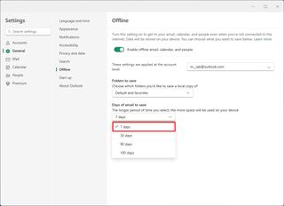 Outlook days of email to save