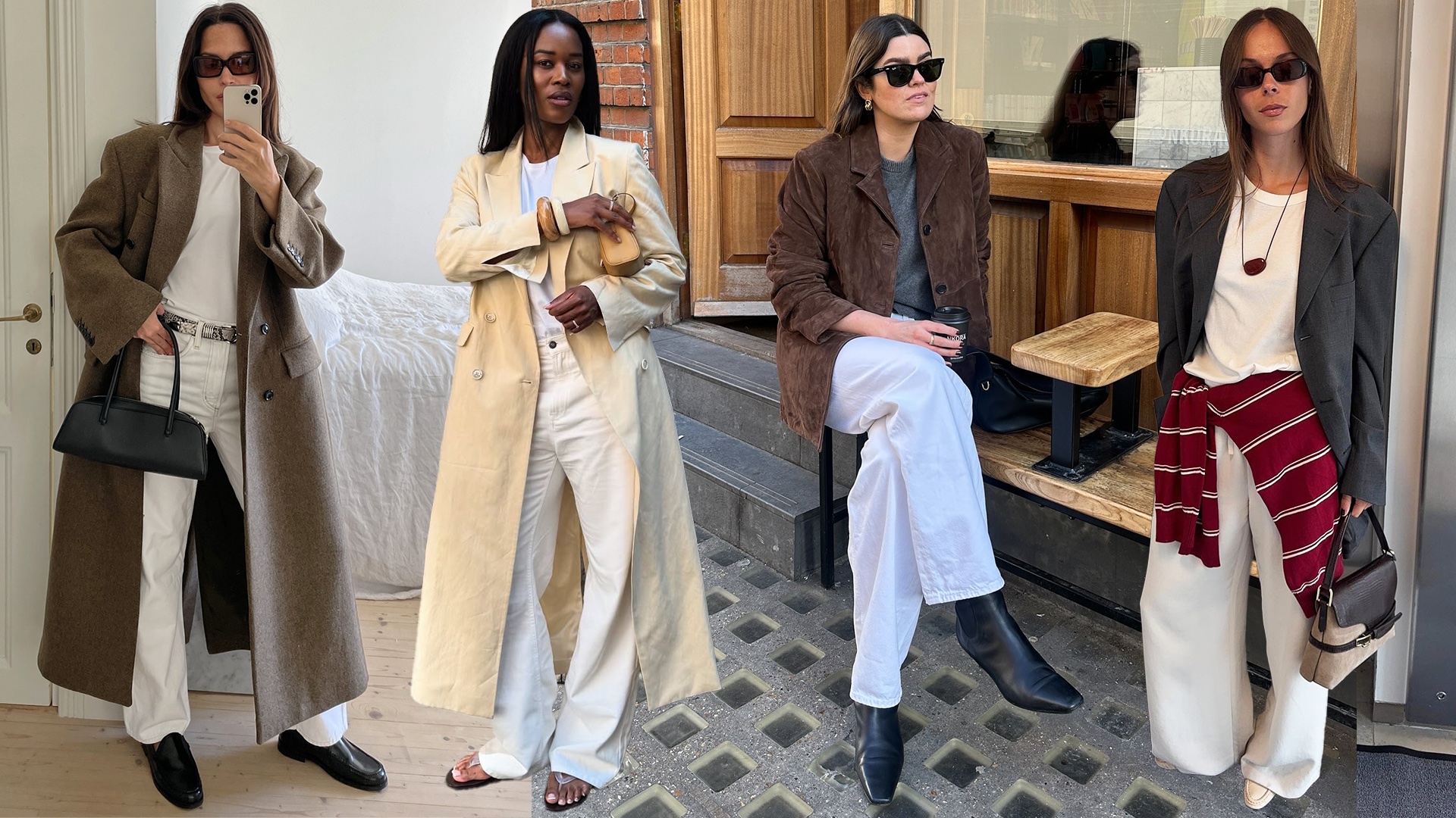 fashion collage of four European style influencers including Johanna Piispa, Marilyn Nwawulor-Kazemaks, Anna Newton, and Johanna Lager wearing chic fall outfits with white jeans