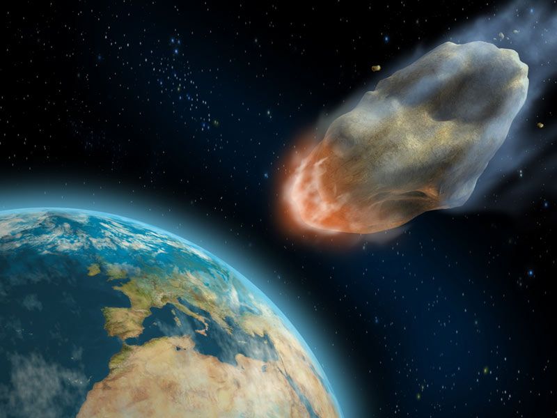 illustration shows an asteroid about to hit earth