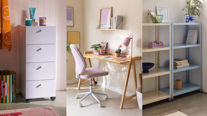A series of purple themed organized rooms with pastel and bright tones