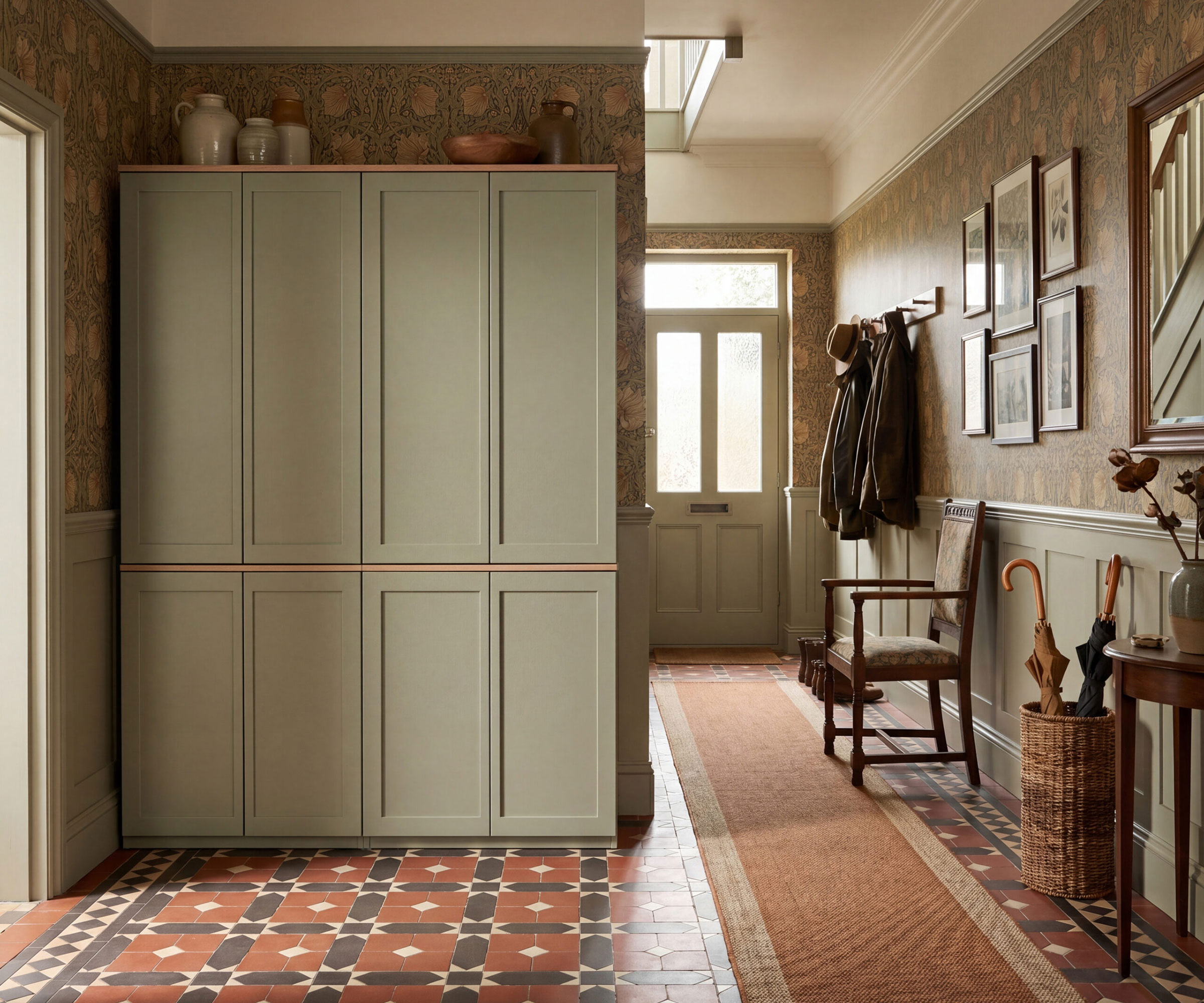 entrance hallway in period house with fitted green storage and encaustic tiles with coat hooks and hallway runner