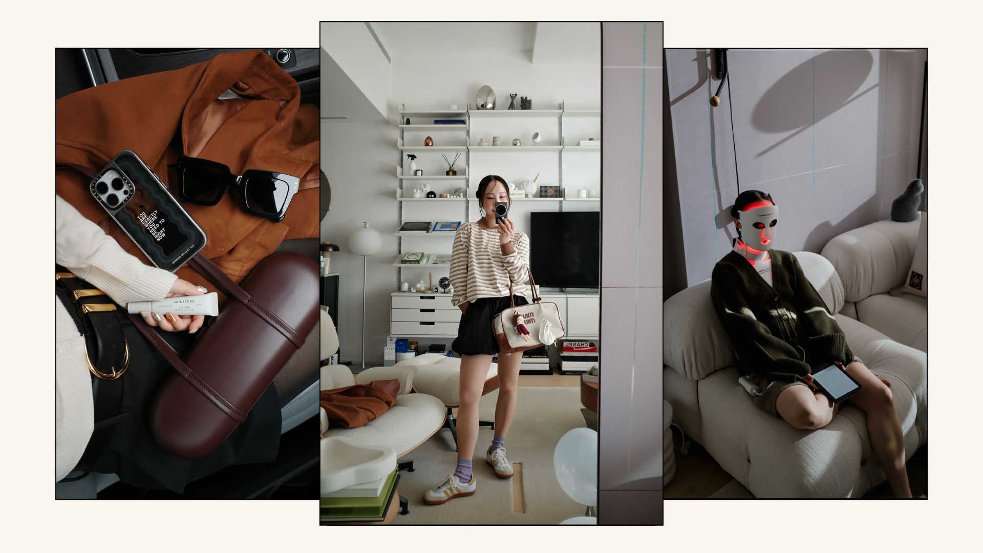 A collage of images including a woman holding skincare products and a woman wearing an LED mask