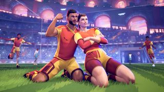 Rematch screen - two kneeling soccer players celebrating a goal as other teammates run in behind them