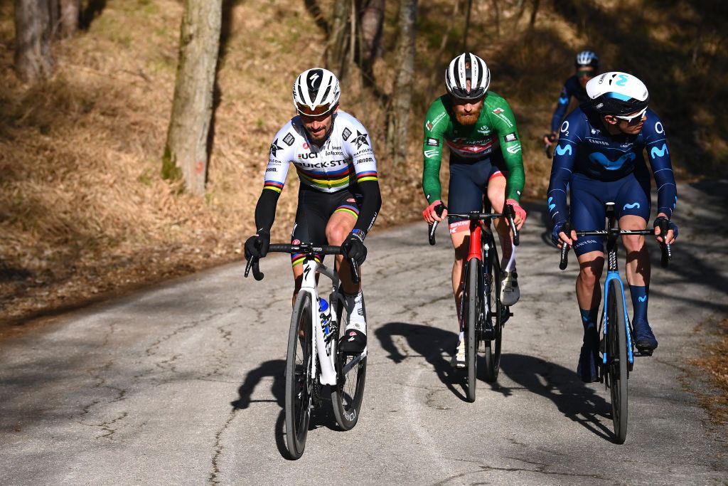 CARPEGNA ITALY MARCH 12 LR Julian Alaphilippe of France and Team QuickStep Alpha Vinyl Quinn Simmons of United States and Team Trek Segafredo Green Mountain Jersey and Alex Aranburu Deba of Spain and Movistar Team compete in the breakaway during the 57th TirrenoAdriatico 2022 Stage 6 a 215km stage from Apecchio to Carpegna 746m TirrenoAdriatico WorldTour on March 12 2022 in Carpegna Italy Photo by Tim de WaeleGetty Images
