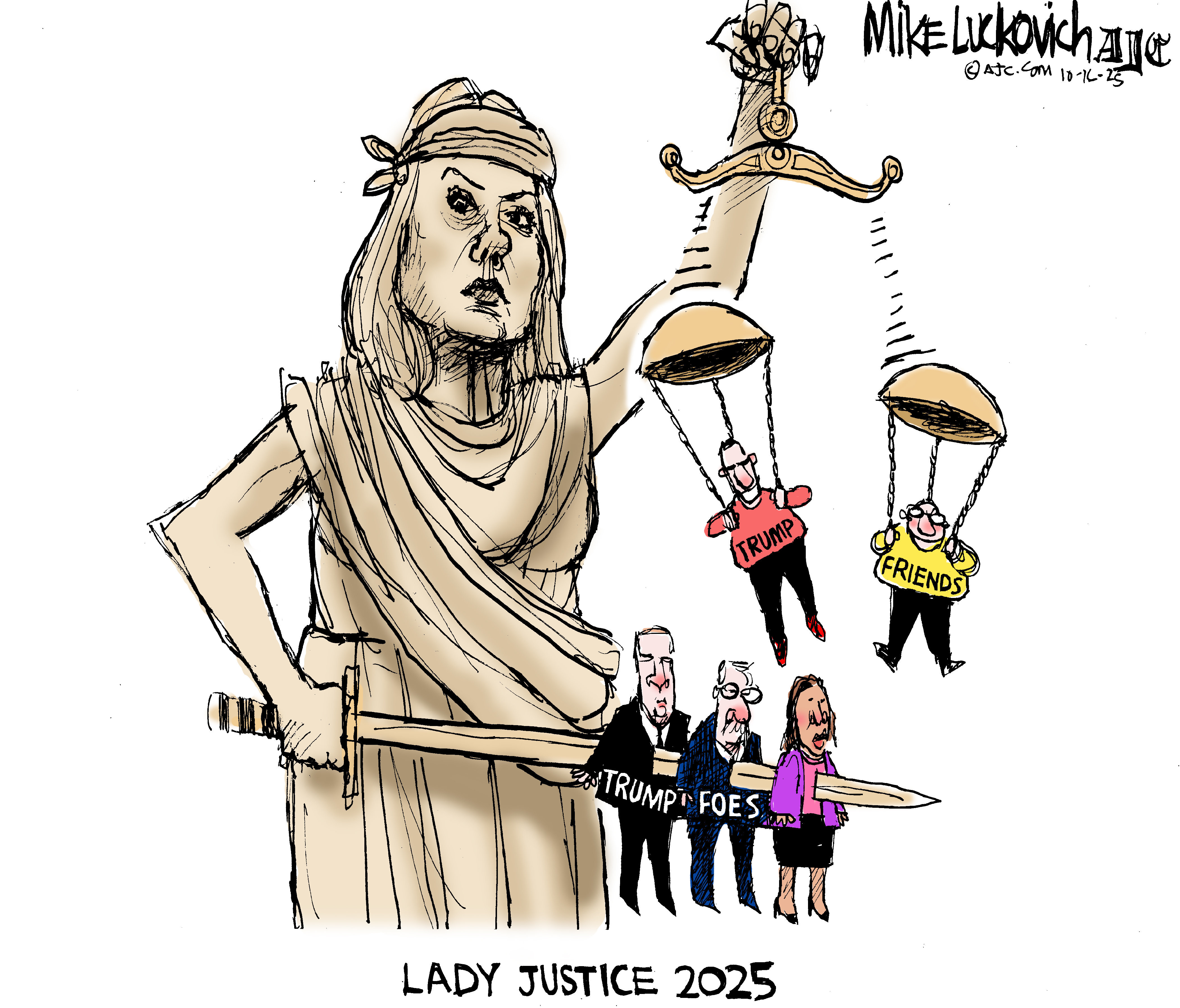 This cartoon depicts Pam Bondi as a cruel Lady Liberty. She holds a sword that has impaled three figures labeled Trump foes. Meanwhile, figures labeled &amp;ldquo;Trump&amp;rdquo; and &amp;ldquo;Friends&amp;rdquo; float gently to the ground with parachutes after having jumped off the scales of justice.