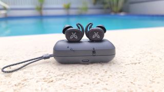 Testing water resistance on the Jaybird Vista 2 wireless earbuds and charging case