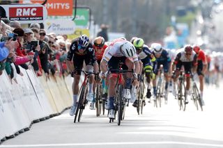 DUNLEPALESTEL FRANCE MARCH 08 LR Wout Van Aert of Belgium and Team Jumbo Visma Jasper Stuyven of Belgium and Team Trek Segafredo and Bryan Coquard of France and Team Cofidis sprint at finish line during the 80th Paris Nice 2022 Stage 3 a 191km stage from Vierzon to DunlePalestel ParisNice WorldTour on March 08 2022 in DunlePalestel France Photo by Bas CzerwinskiGetty Images