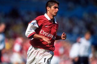 Former Arsenal and Barcelona star Sylvinho in action in the FA Charity Shield against Manchester United