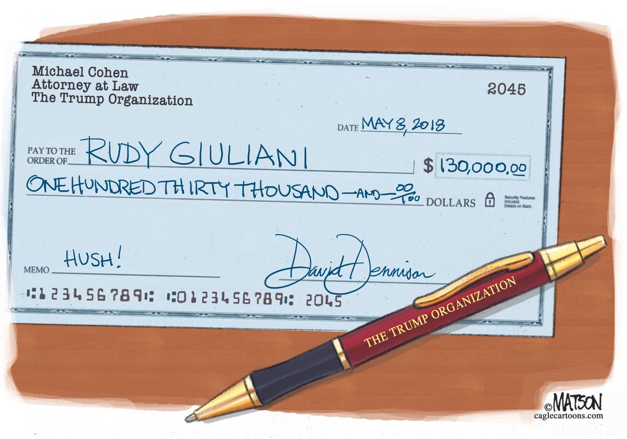 Political cartoon U.S. Trump hush money Rudy Giuliani Michael Cohen David Dennison