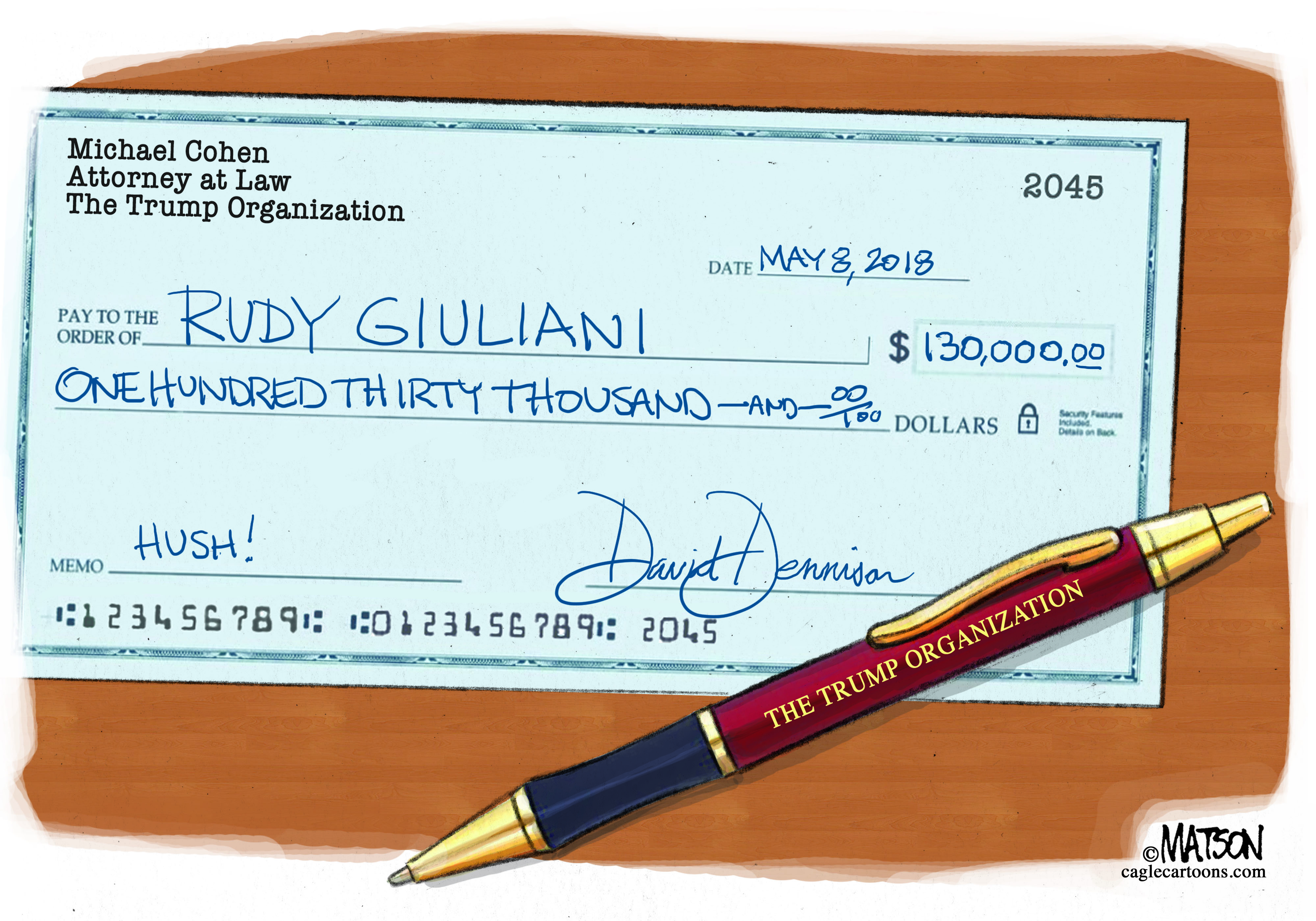 Political cartoon U.S. Trump hush money Rudy Giuliani Michael Cohen David Dennison
