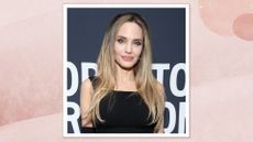 Angelina Jolie is pictured with long blonde hair and dark brunette roots at the premiere of "Without Blood" during the 2024 Toronto International Film Festival at TIFF Lightbox on September 08, 2024, in Toronto, Ontario/ in a pink watercolour paint-style template