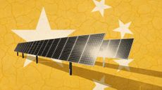 Photo collage of solar panels on a yellow desert background, with stars from China's flag in white.