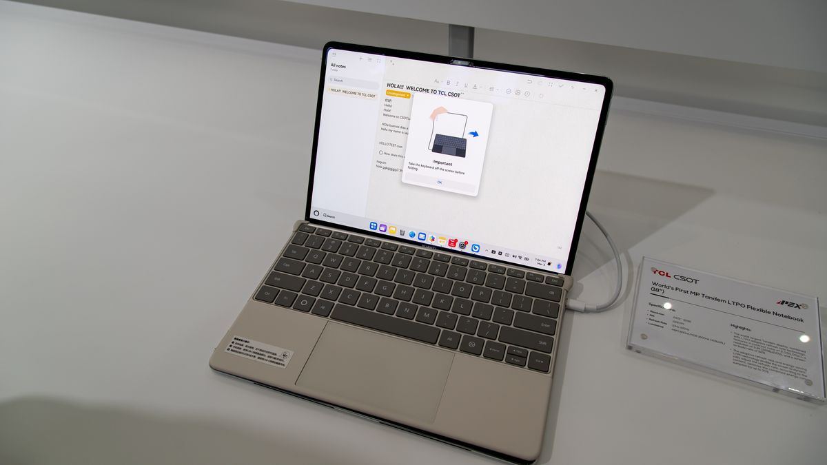 A foldable laptop with a keyboard attached