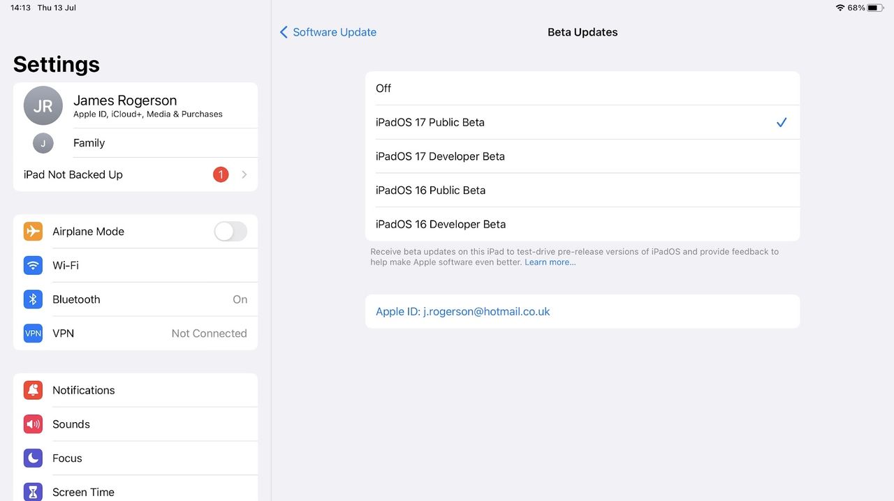 iPadOS beta updates on an iPad settings screen