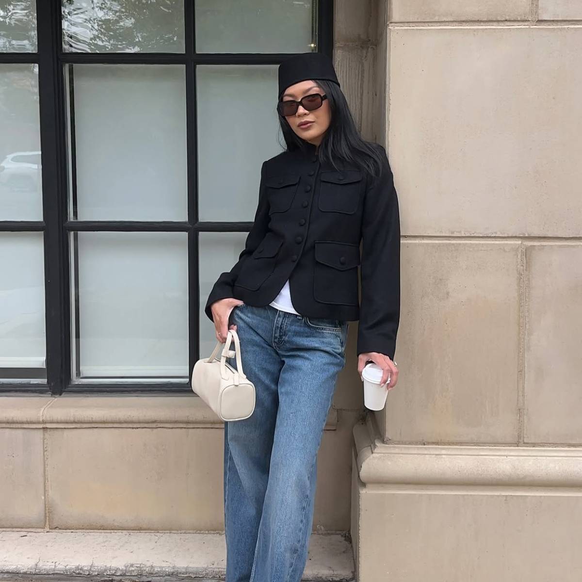 Dawn wearing jacket and jeans