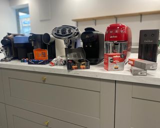 A selection of coffee machines in the Reading office with pod coffee capsules