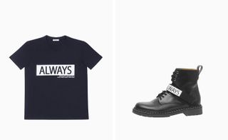 Two images, Left- A black T-shirt with 'Always' printed on, Right- A black boot with 'Always' across the top