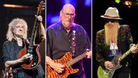 (from left) Brian May, Steve Cropper, and Billy Gibbons perform onstage