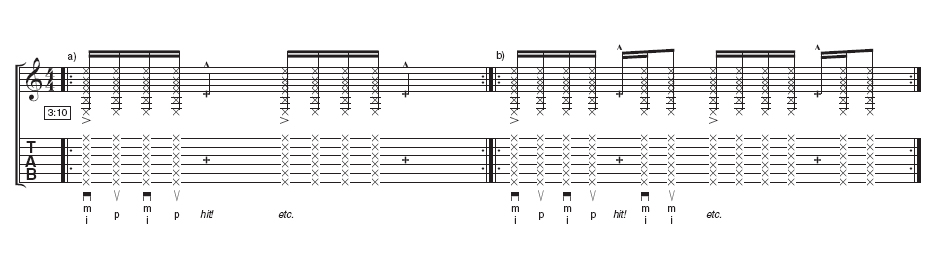 Tab: Introducing hits - What Gabriela refers to as 'hits' involve flattening your hand and slapping the strings/fingerboard with the palm of your hand to create a percussive click. Generally the 'hits' are used in the same way a drummer would use the snare drum on the backbeats.