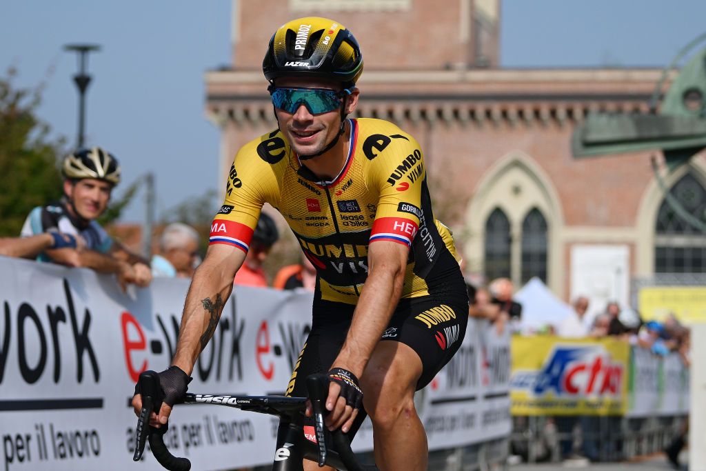 BUSTO ARSIZIO ITALY OCTOBER 03 Primoz Roglic of Slovenia and Team JumboVisma prior to the 102nd Tre Valli Varesine 2023 a 19654km one day race from Busto Arsizio to Varese on October 03 2023 in Varese Italy Photo by Dario BelingheriGetty Images