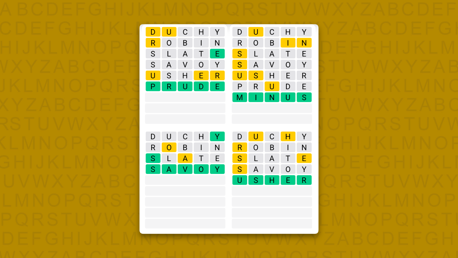 Quordle answers for game 1739 on a yellow background