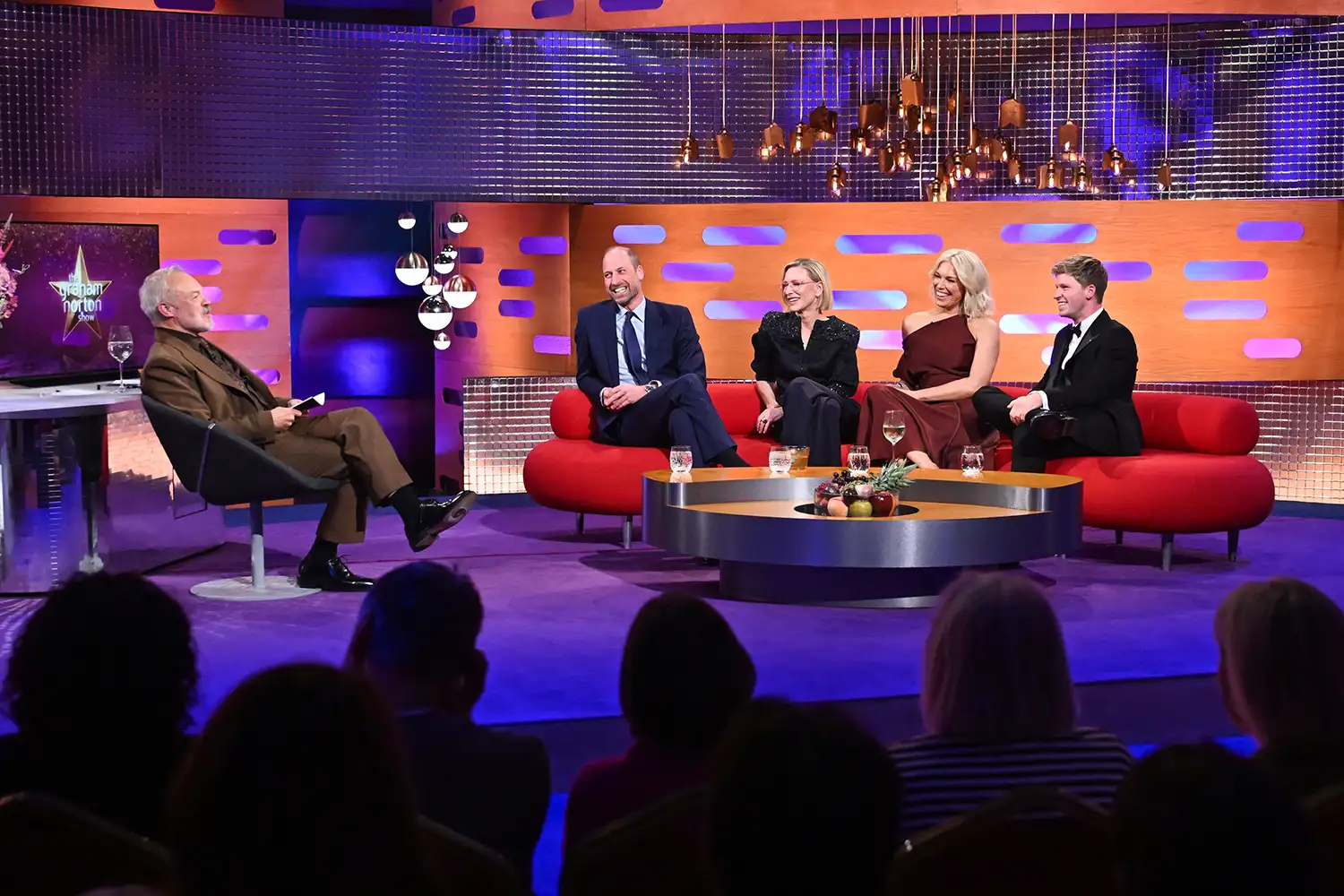 Graham Norton, Prince WIlliam, Cate Blanchett, Hannah Waddingham, Robert Irwin sitting on the set of the Graham Norton show